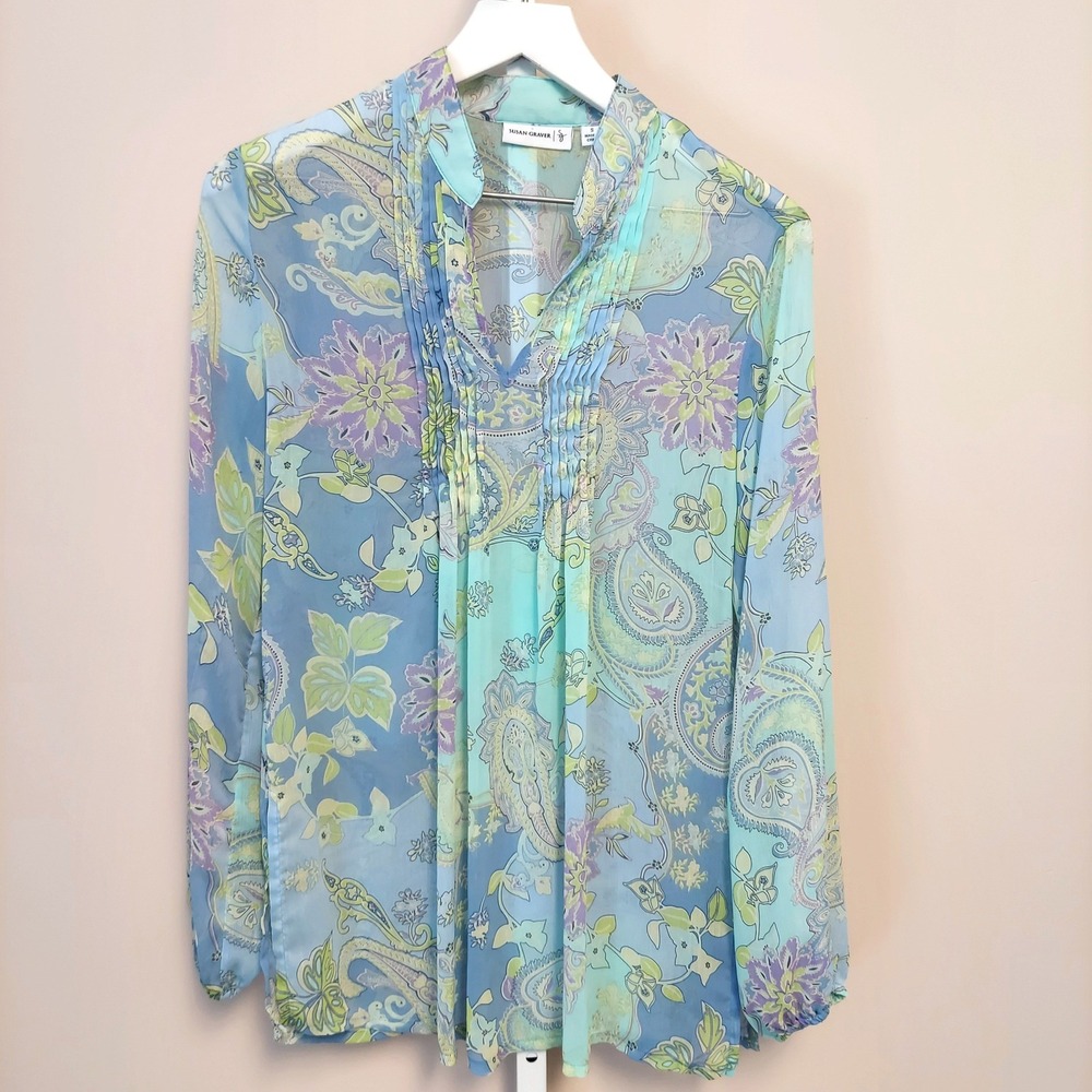 Susan Graver Womens Pastel Paisley Floral‎ Pintuck Sheer Chiffon Tunic Blouse S